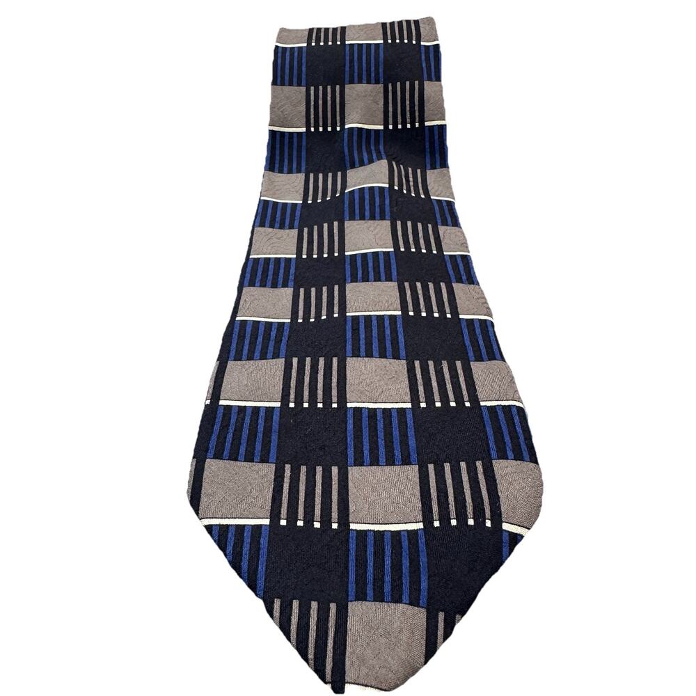 Robert Talbott Studio Silk tie Geometric Checkered Blue Tan Black Neck Tie